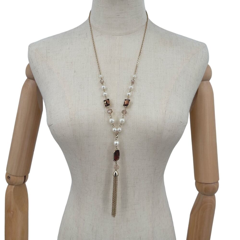 Ann Taylor Factory Tassel Necklace Goldtone Long Y Rhinestone Simulated Pearl